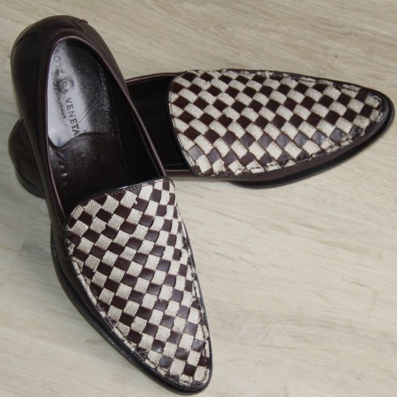 BOTTEGA VENETA Italy Loafers Iconic Brown Woven Leather Canvas Flats Size 38.5 - Picture 1 of 12